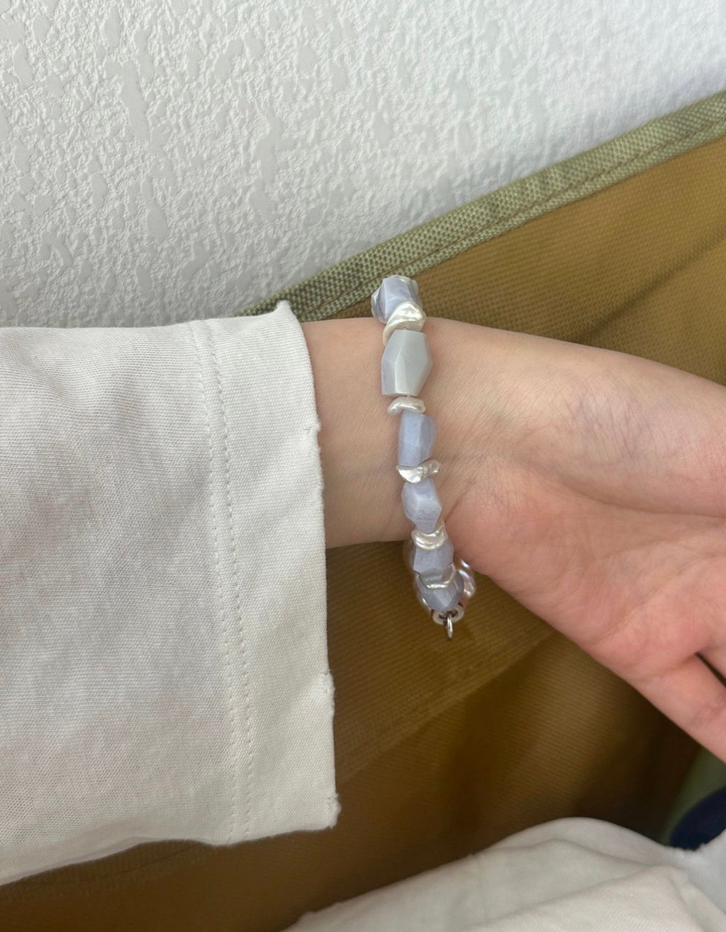 Natural Blue-Purple Stone Bracelet with Statement Baroque Pearl - Sterling Silver