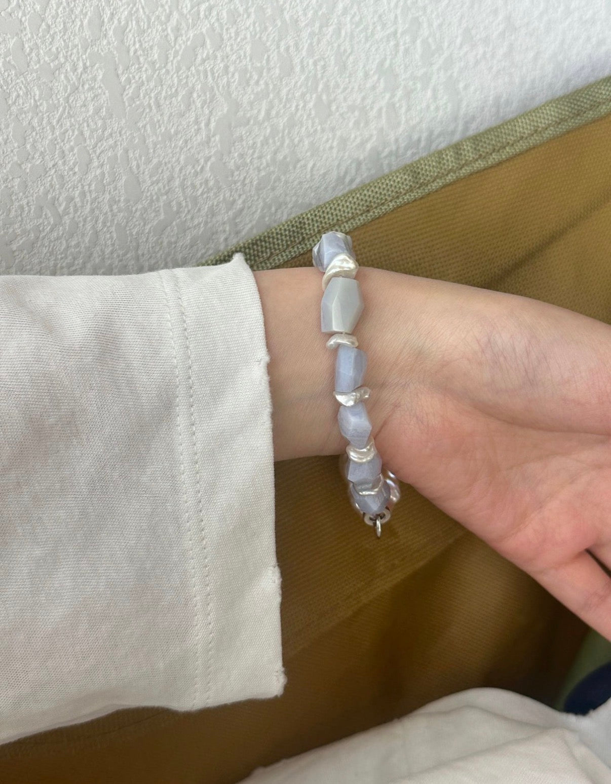 Natural Blue-Purple Stone Bracelet with Statement Baroque Pearl - Sterling Silver