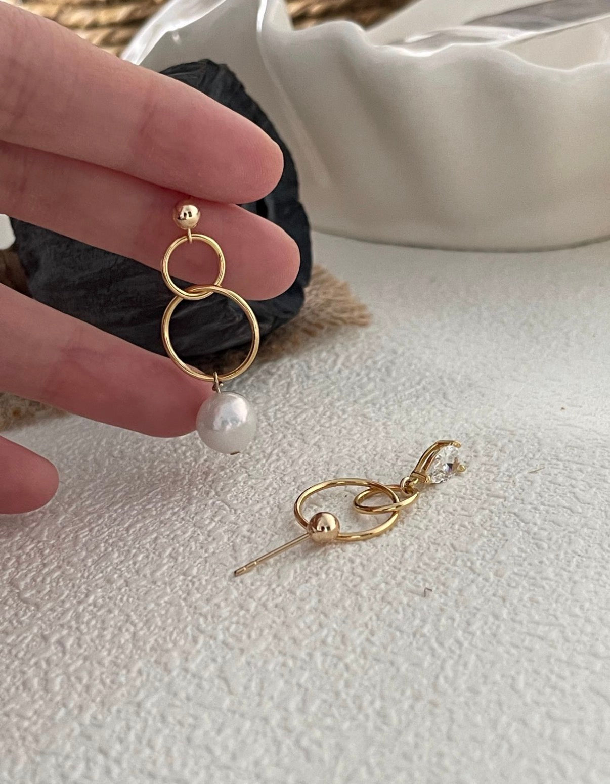 Galaxy Asymmetric Drop Earrings Sterling Silver Natural Pearl
