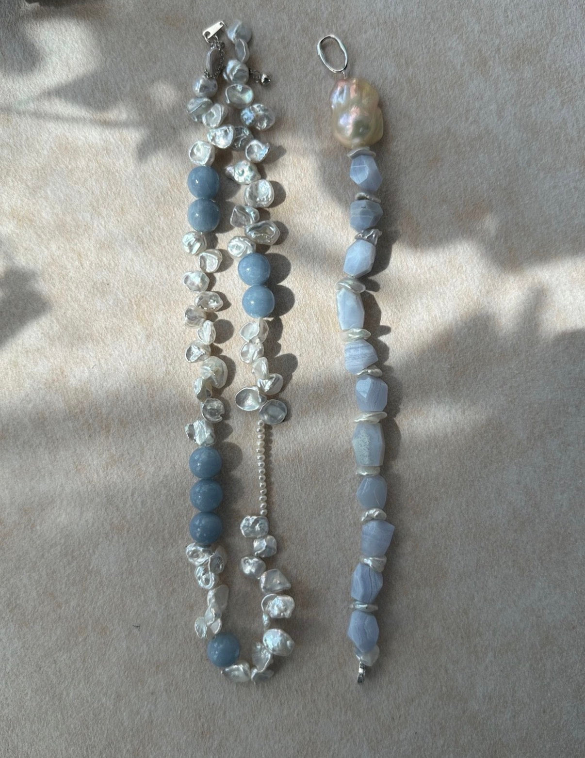 Serene Blue Petal Stone & Baroque Pearl Necklace - Sterling Silver