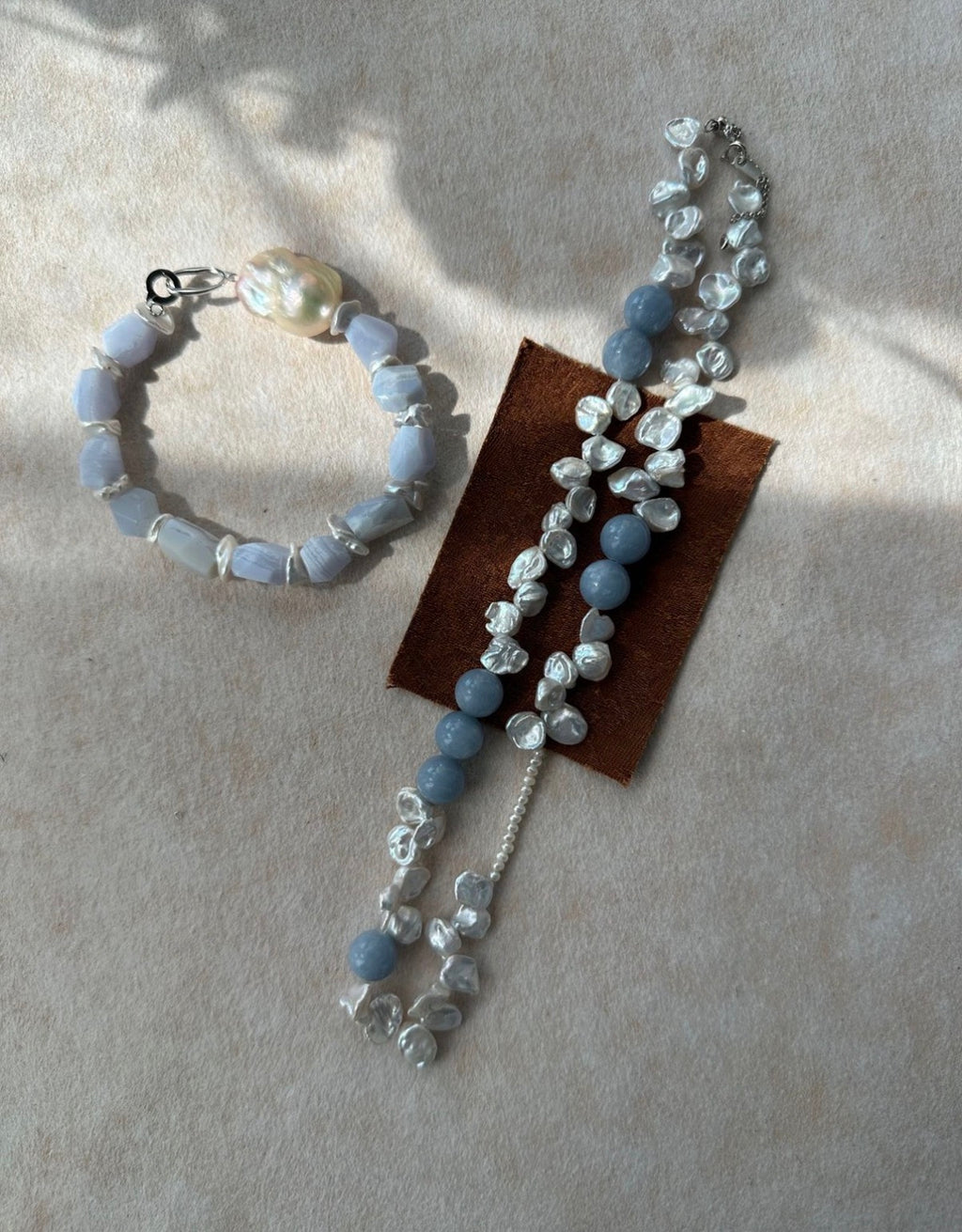 Serene Blue Petal Stone & Baroque Pearl Necklace - Sterling Silver
