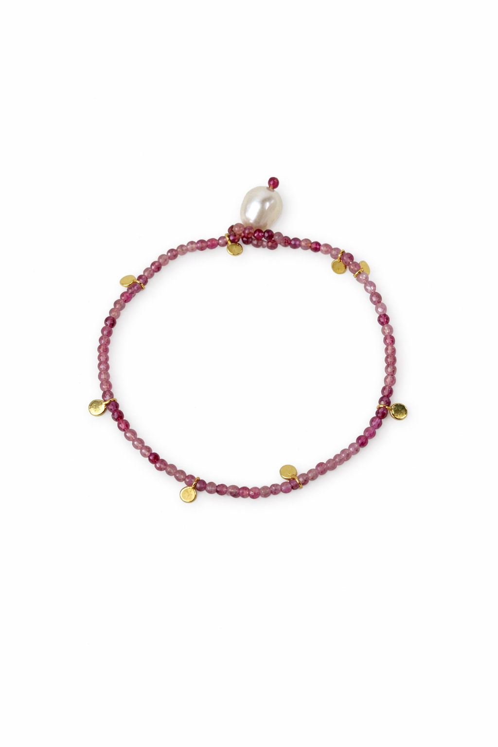 Natural Pink Tourmaline Beaded Bracelet | 18K Gold Vermeil Accents | Baroque Pearl Charm