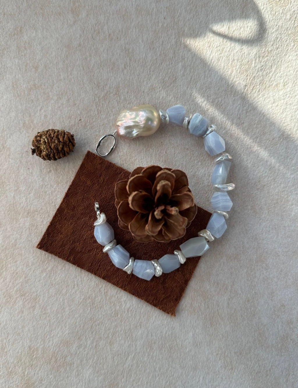 Natural Blue-Purple Stone Bracelet with Statement Baroque Pearl - Sterling Silver