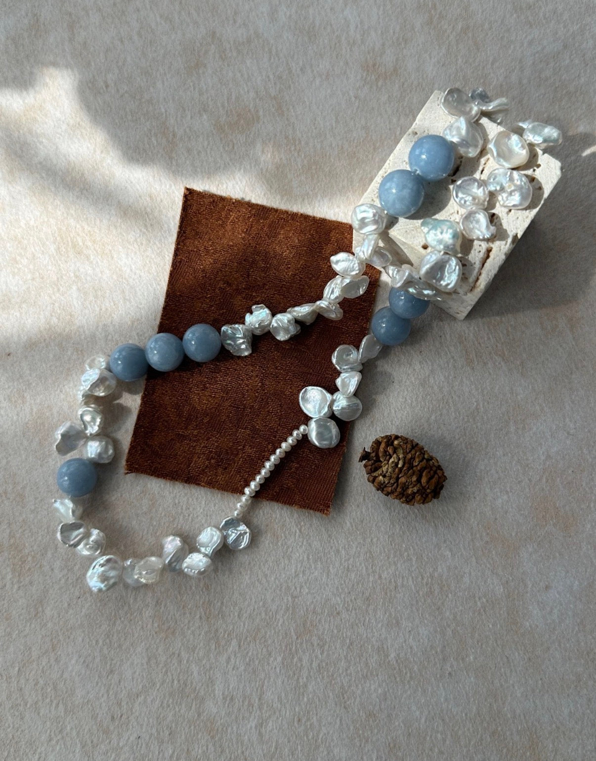 Serene Blue Petal Stone & Baroque Pearl Necklace - Sterling Silver