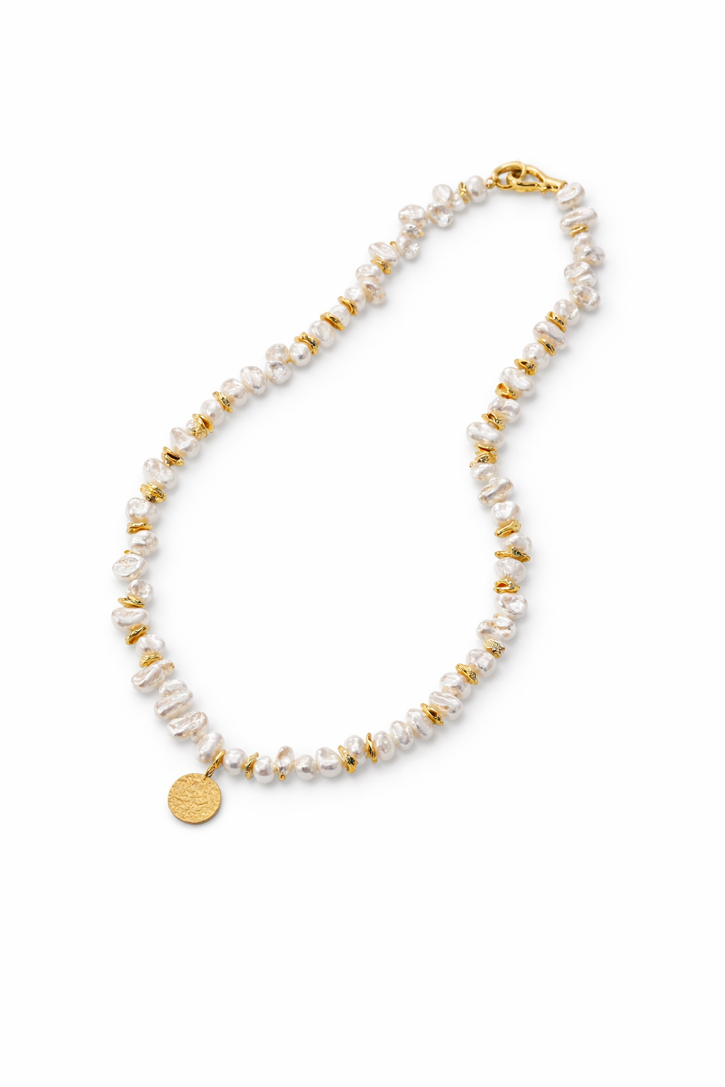 Natural Keshi Pearl Necklace with Hammered Coin Charm | 18K Gold Plated S925 Silver | Vintage Mediterranean Style