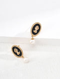 S925 Sterling Silver Vintage Cameo Earrings | Black Enamel & Pearl Accent