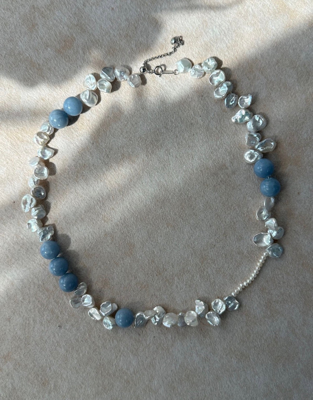 Serene Blue Petal Stone & Baroque Pearl Necklace - Sterling Silver