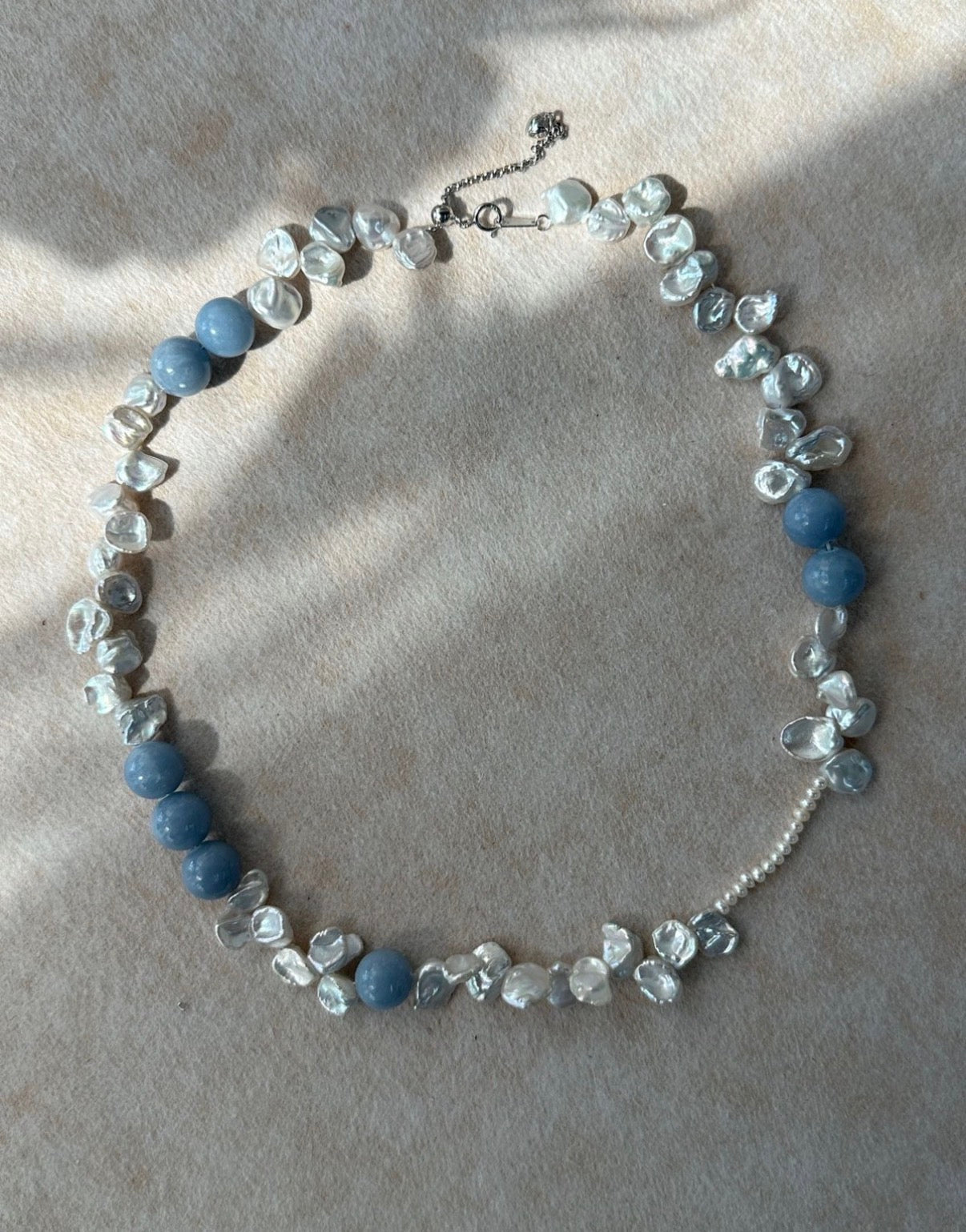 Serene Blue Petal Stone & Baroque Pearl Necklace - Sterling Silver