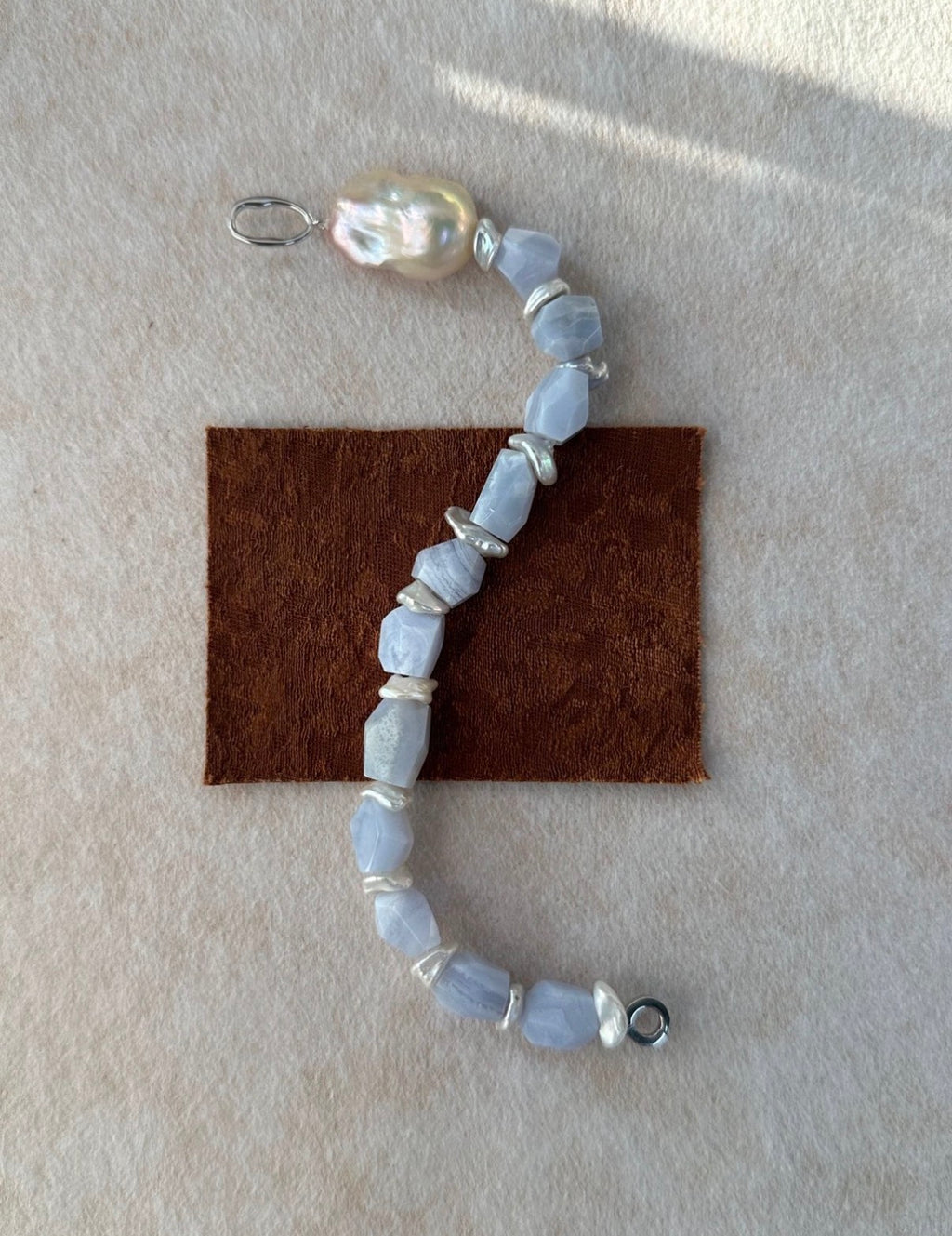 Natural Blue-Purple Stone Bracelet with Statement Baroque Pearl - Sterling Silver