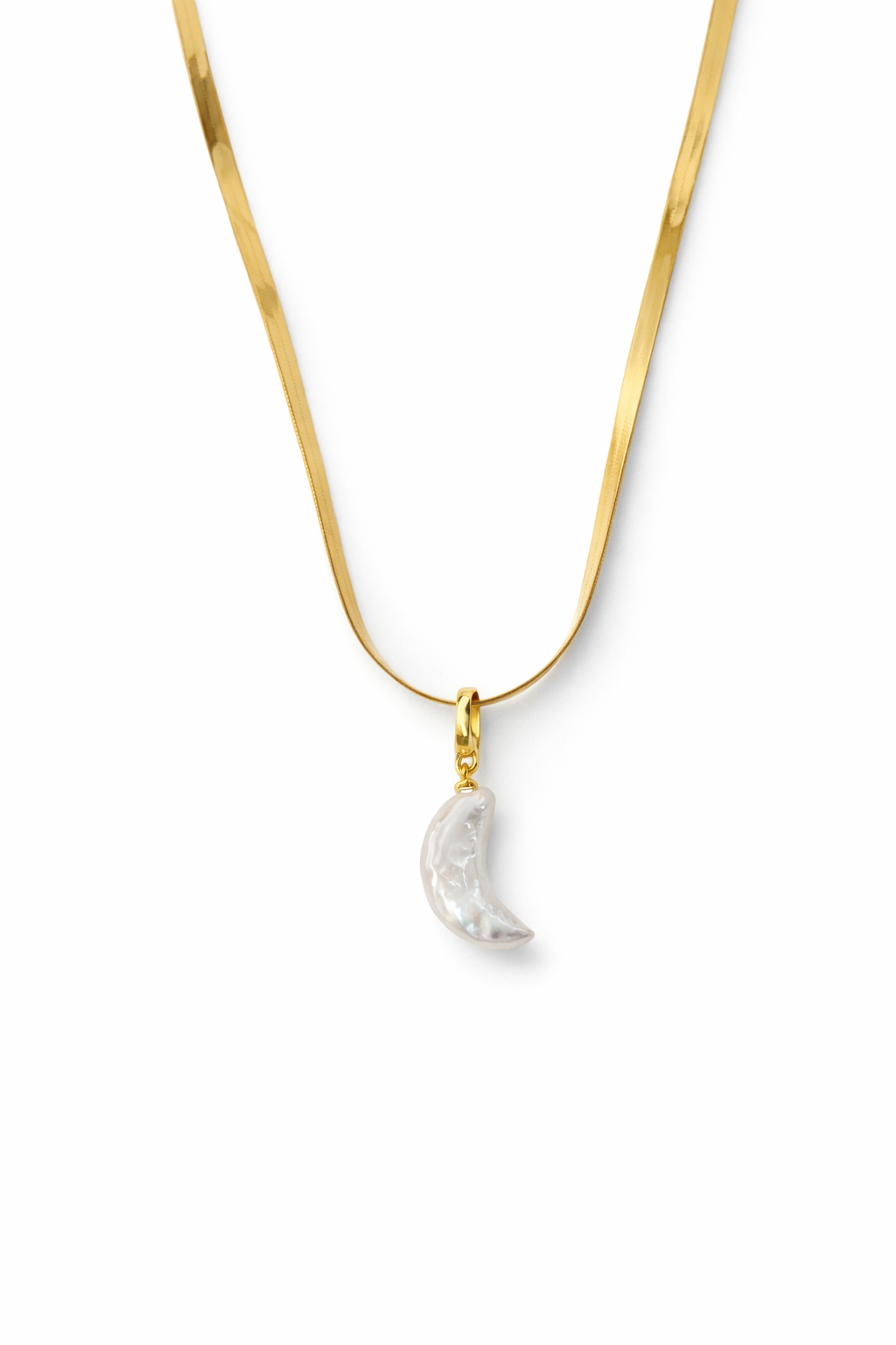 Crescent Moon Pearl Herringbone Necklace | 18K Gold Plated S925 Silver | Celestial Baroque Collection