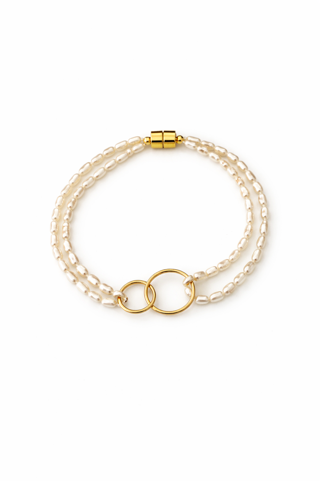 Interlocking Circle Double-Strand Pearl Bracelet | S925 Sterling Silver & 18K Gold Plated | Magnetic Clasp