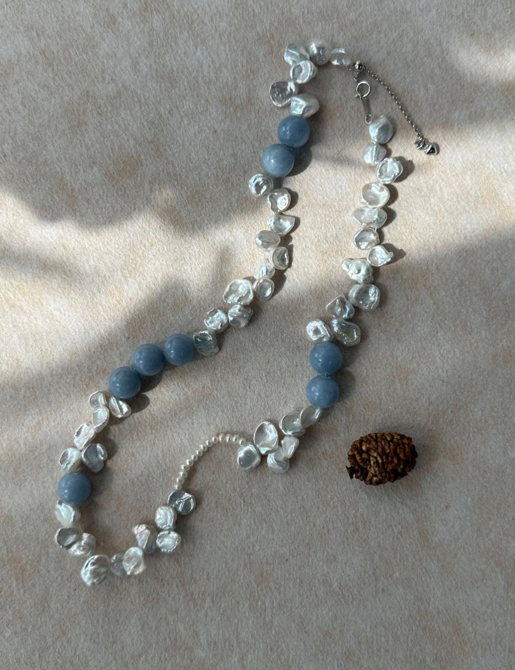 Serene Blue Petal Stone & Baroque Pearl Necklace - Sterling Silver