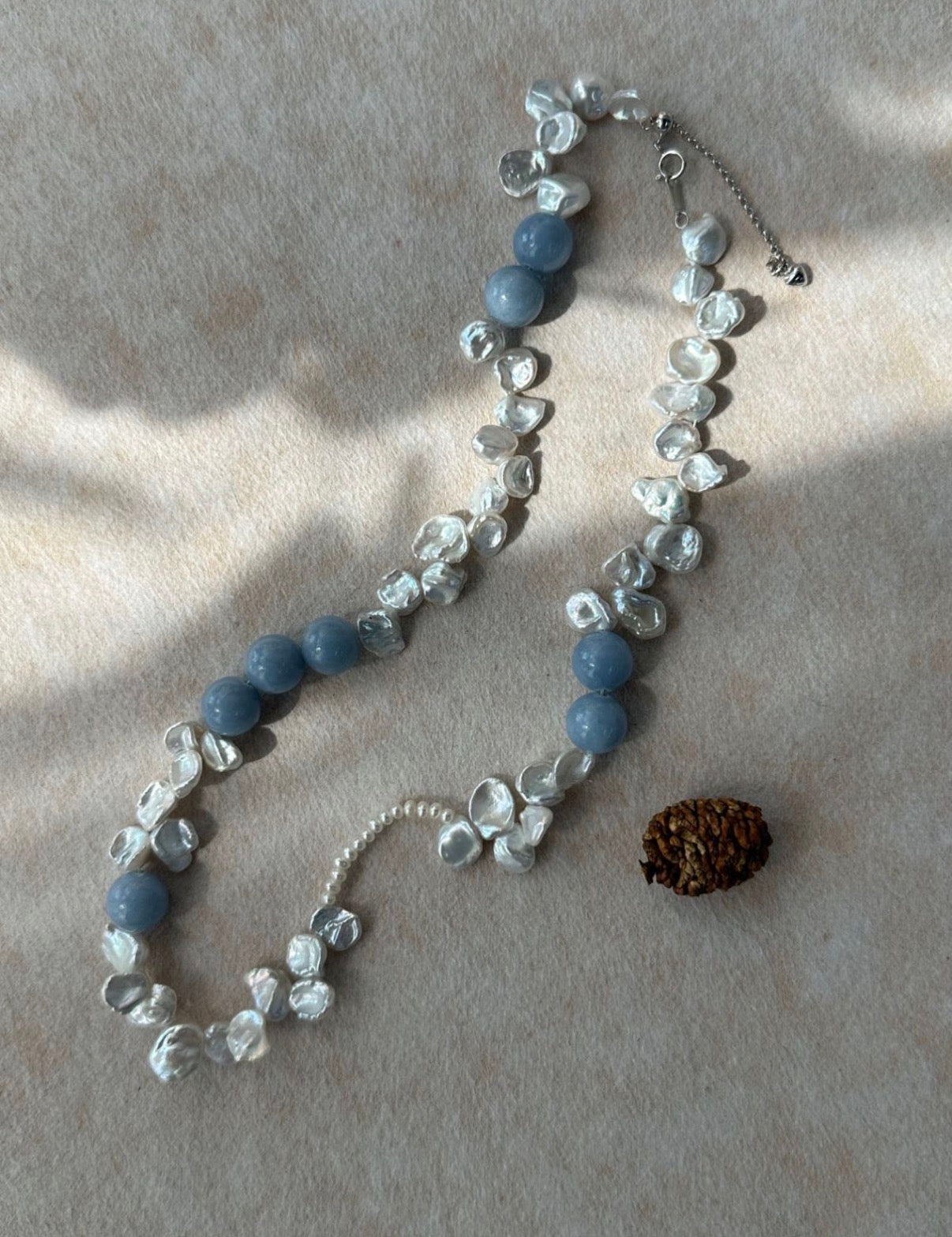 Serene Blue Petal Stone & Baroque Pearl Necklace - Sterling Silver