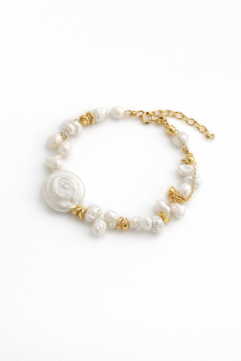 Artisan Baroque Pearl Charm Bracelet | 18K Gold Plated S925 Silver | Coin Pearl Statement Piece