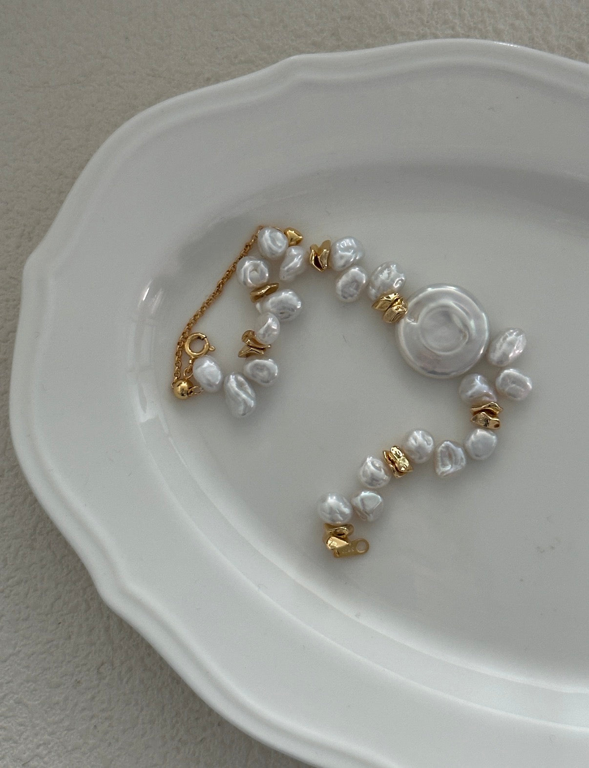 Artisan Baroque Pearl Charm Bracelet | 18K Gold Plated S925 Silver | Coin Pearl Statement Piece