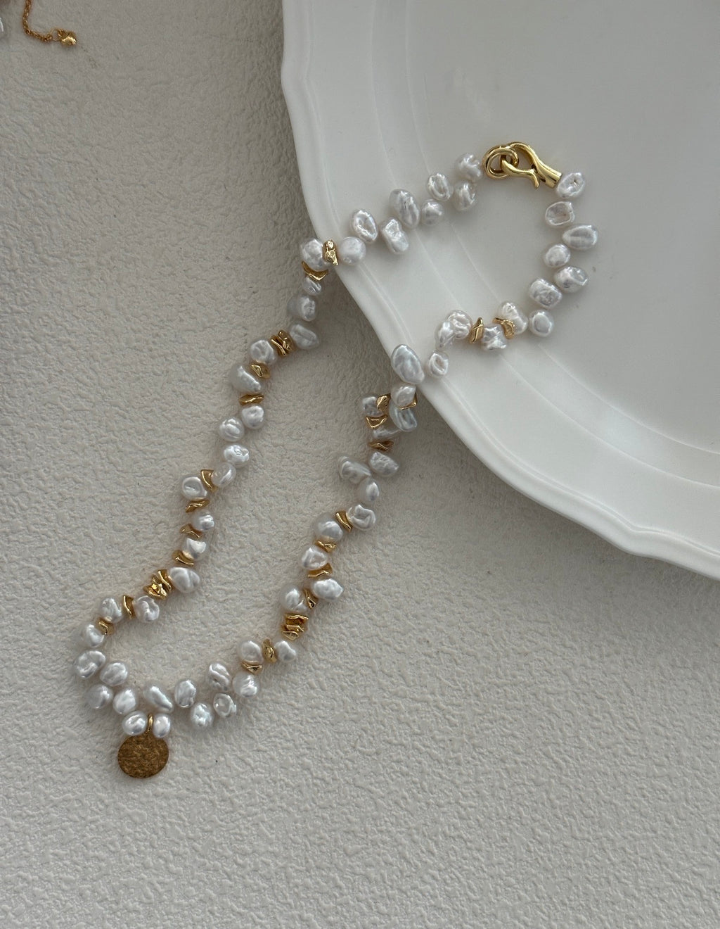 Natural Keshi Pearl Necklace with Hammered Coin Charm | 18K Gold Plated S925 Silver | Vintage Mediterranean Style
