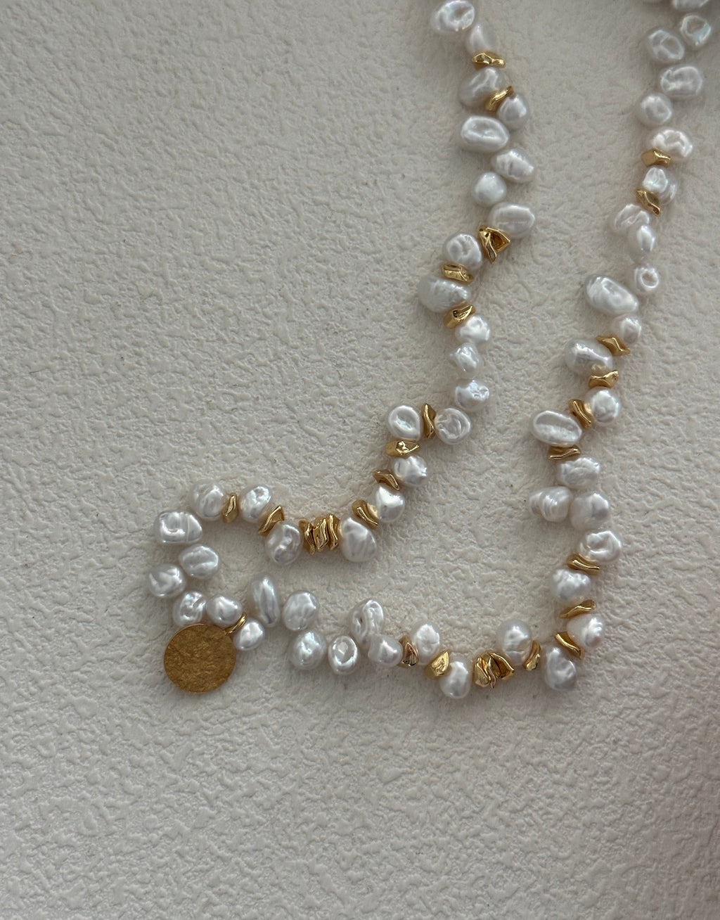 Natural Keshi Pearl Necklace with Hammered Coin Charm | 18K Gold Plated S925 Silver | Vintage Mediterranean Style