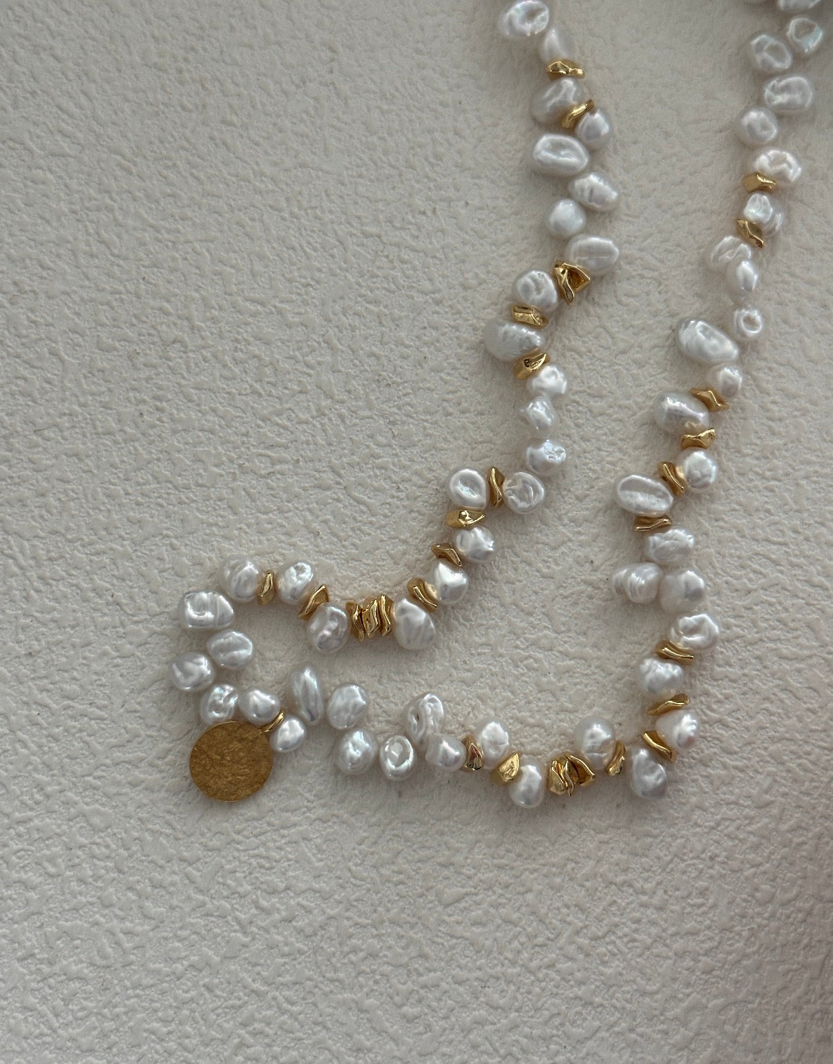 Natural Keshi Pearl Necklace with Hammered Coin Charm | 18K Gold Plated S925 Silver | Vintage Mediterranean Style