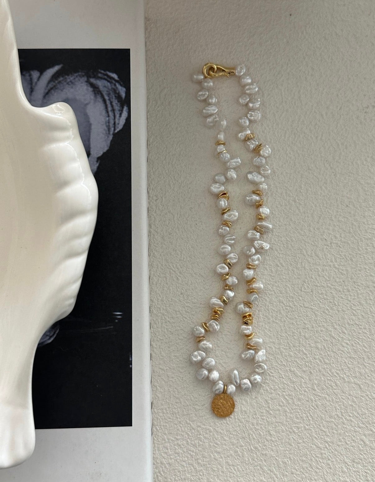 Natural Keshi Pearl Necklace with Hammered Coin Charm | 18K Gold Plated S925 Silver | Vintage Mediterranean Style