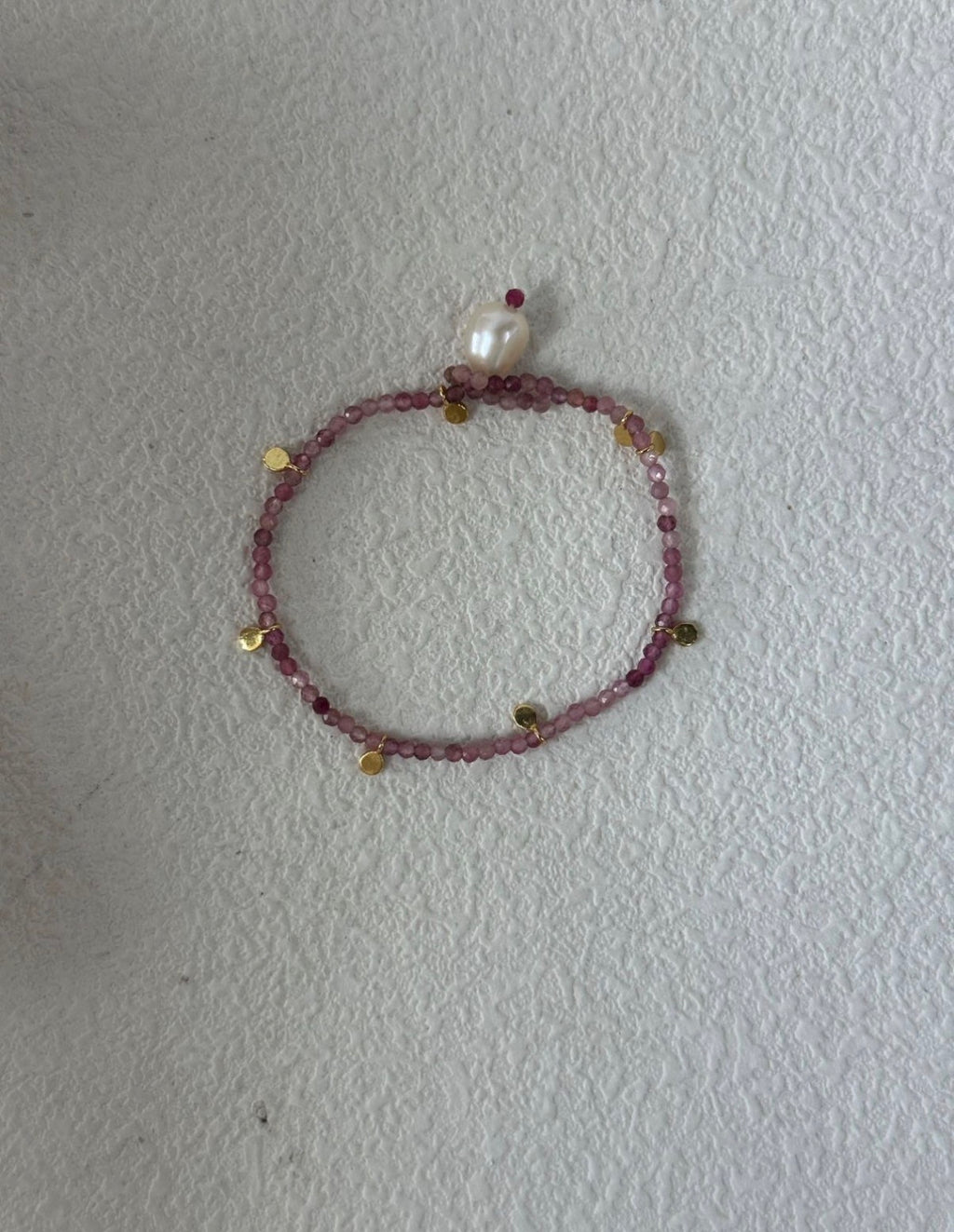Natural Pink Tourmaline Beaded Bracelet | 18K Gold Vermeil Accents | Baroque Pearl Charm