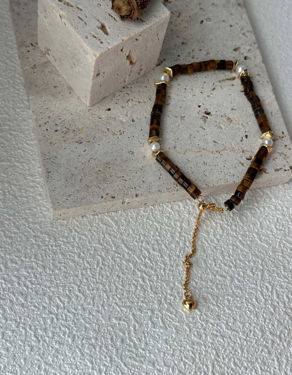 Caramel TigerEye & Pearl Beaded Bracelet | 18K Gold Plated S925 Silver Clasp | Vintage Bohemian Style