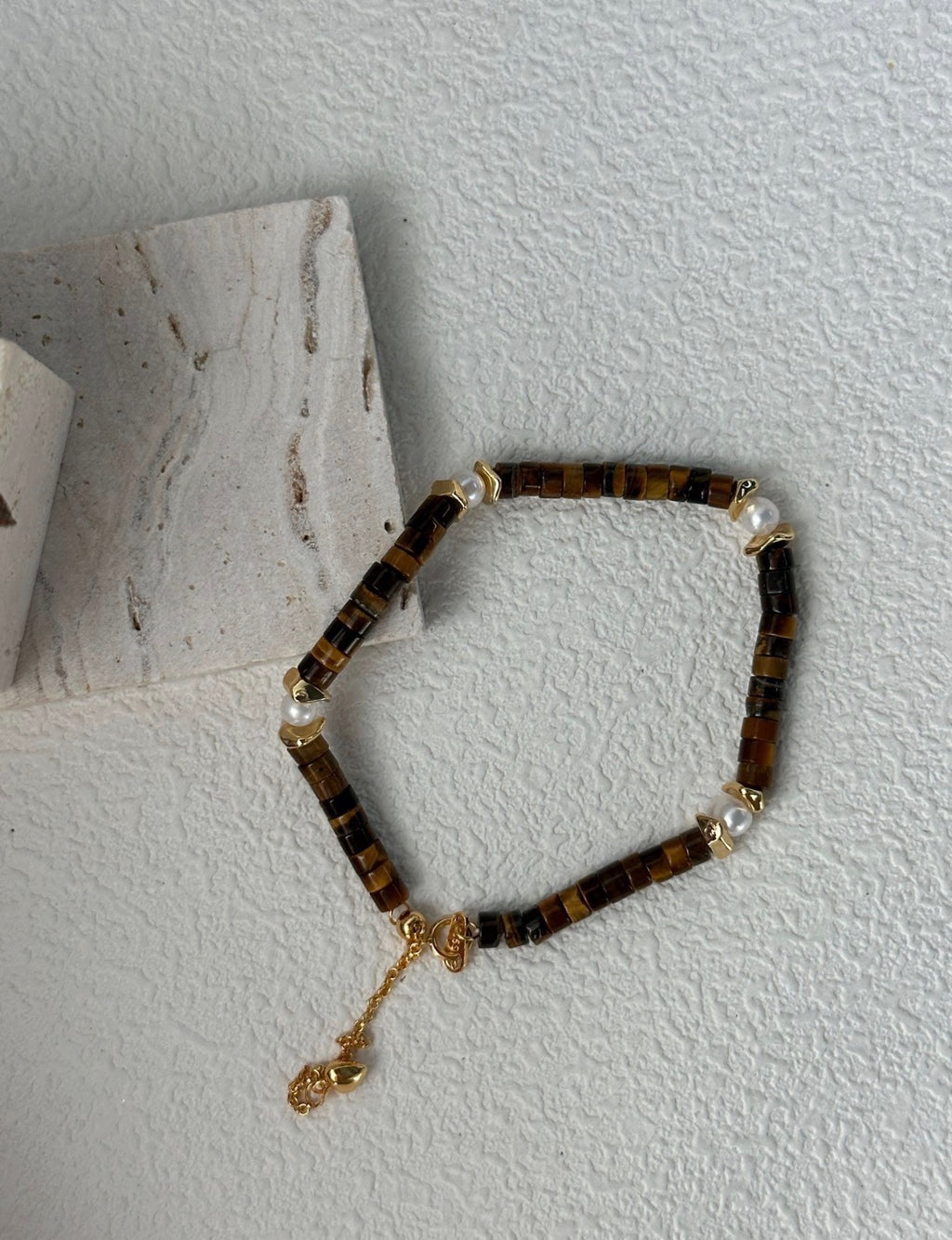 Caramel TigerEye & Pearl Beaded Bracelet | 18K Gold Plated S925 Silver Clasp | Vintage Bohemian Style