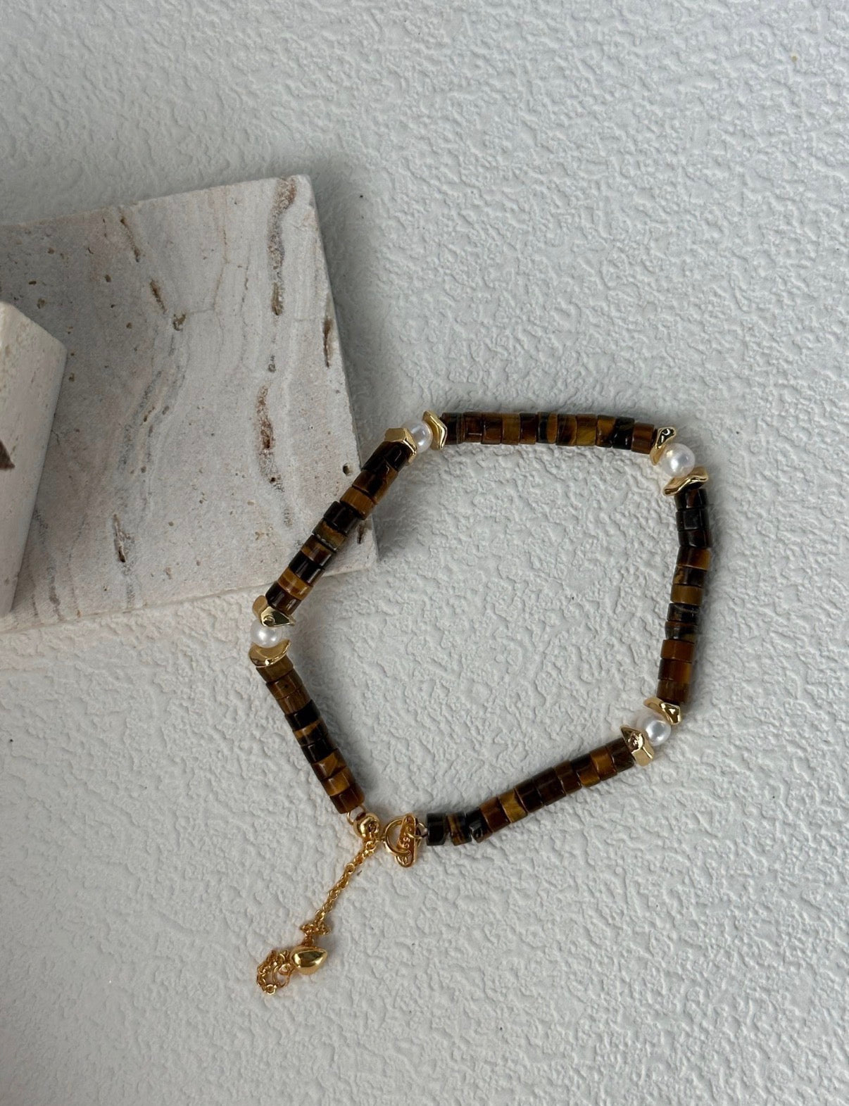 Caramel TigerEye & Pearl Beaded Bracelet | 18K Gold Plated S925 Silver Clasp | Vintage Bohemian Style