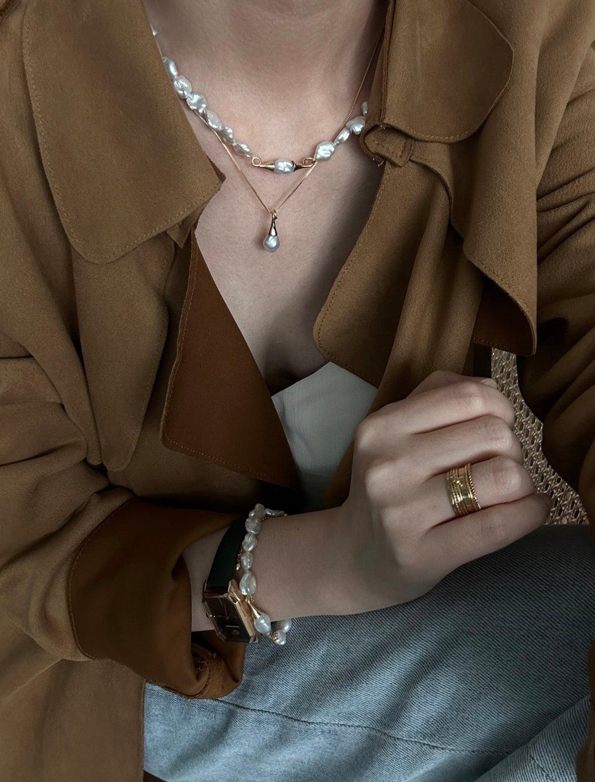 The Moustache" Baroque Pearl Necklace | 18K Gold Plated S925 Silver | Rare Silver-Blue Luster