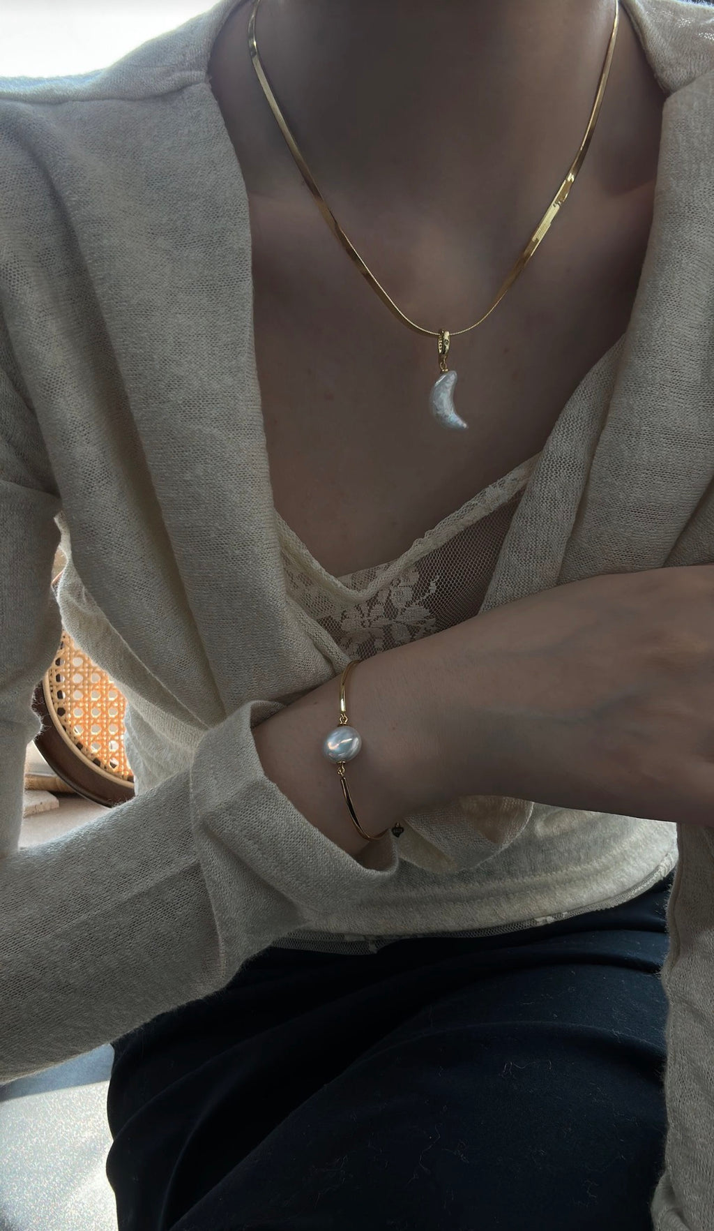 Crescent Moon Pearl Herringbone Necklace | 18K Gold Plated S925 Silver | Celestial Baroque Collection
