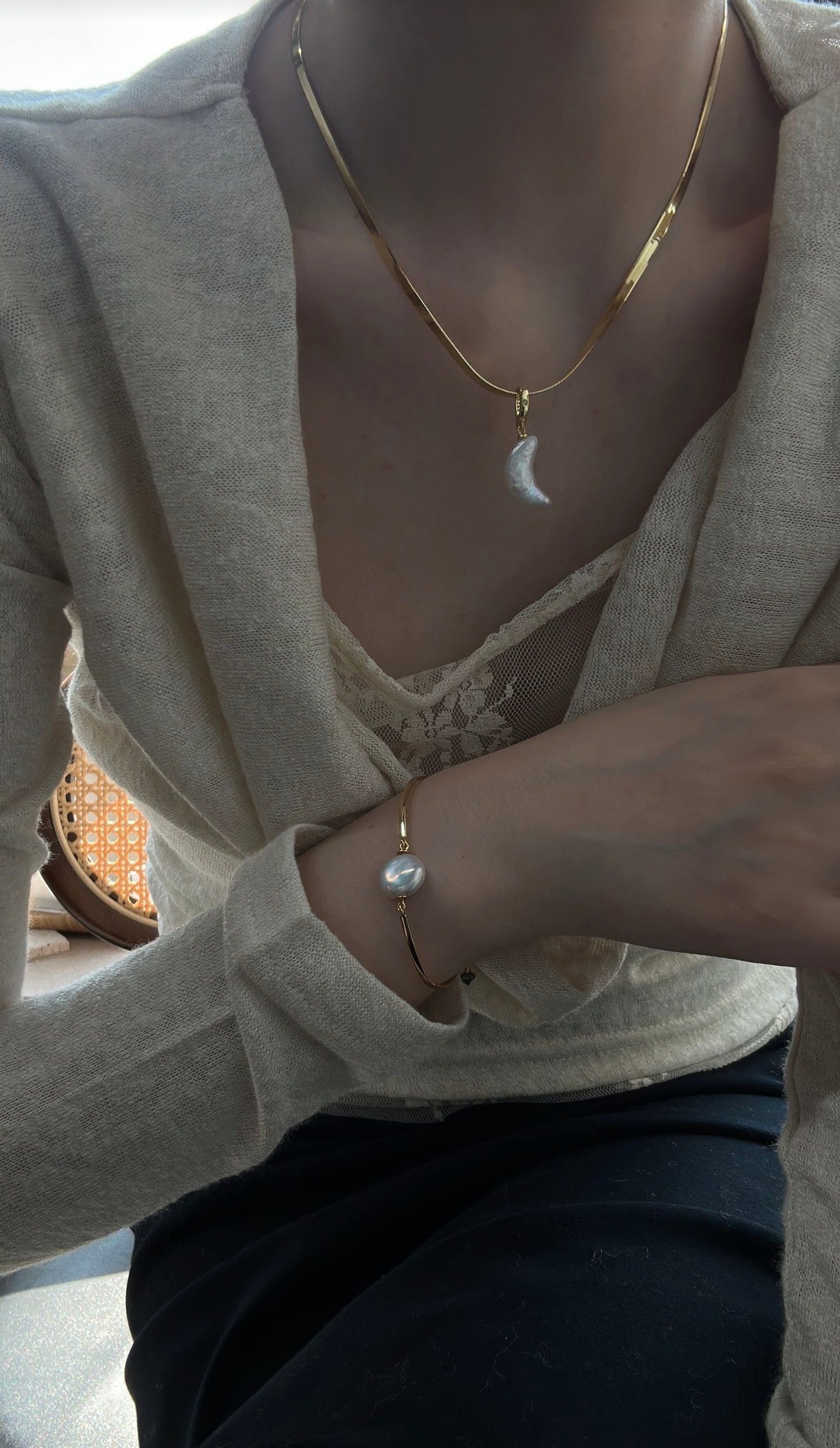 Crescent Moon Pearl Herringbone Necklace | 18K Gold Plated S925 Silver | Celestial Baroque Collection
