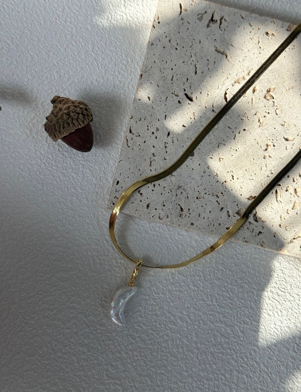 Crescent Moon Pearl Herringbone Necklace | 18K Gold Plated S925 Silver | Celestial Baroque Collection