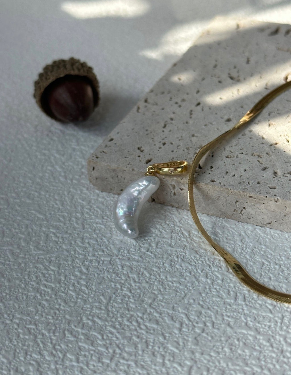 Crescent Moon Pearl Herringbone Necklace | 18K Gold Plated S925 Silver | Celestial Baroque Collection