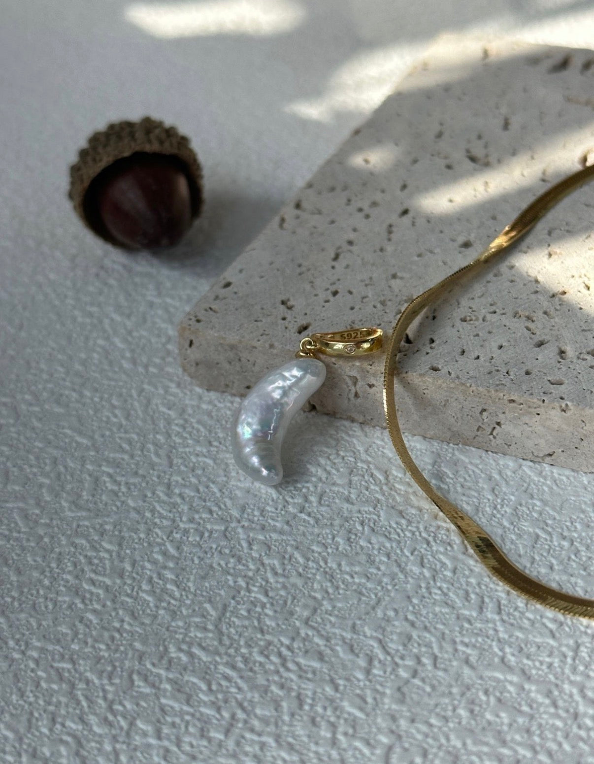 Crescent Moon Pearl Herringbone Necklace | 18K Gold Plated S925 Silver | Celestial Baroque Collection