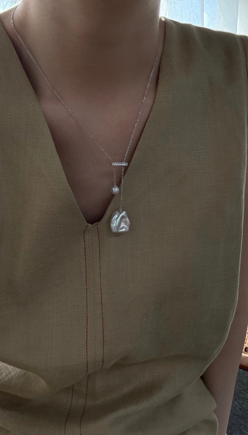Baroque "Balance Beam" Pearl Necklace | Solid S925 Sterling Silver | Asymmetrical Drop Design