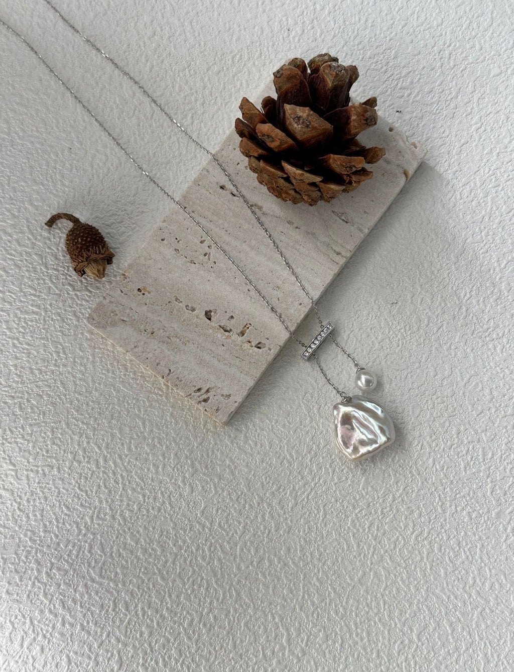 Baroque "Balance Beam" Pearl Necklace | Solid S925 Sterling Silver | Asymmetrical Drop Design