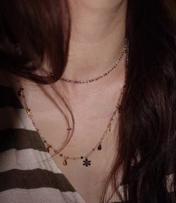 Pink Sunset: Faceted Mini Tourmaline & Floral Charm Necklace