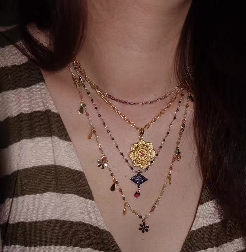 Pink Sunset: Faceted Mini Tourmaline & Floral Charm Necklace