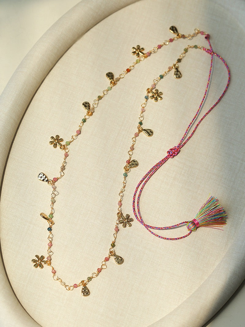 Pink Sunset: Faceted Mini Tourmaline & Floral Charm Necklace