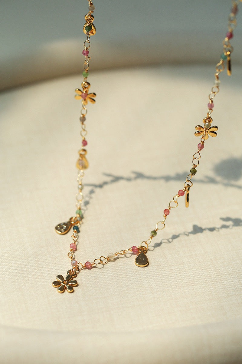 Pink Sunset: Faceted Mini Tourmaline & Floral Charm Necklace
