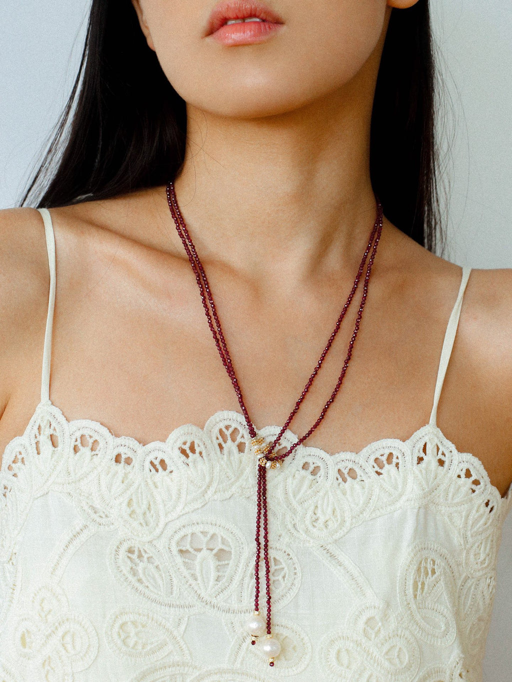 The Muse Collection: Faceted Gemstone & Pearl Lariat Necklace