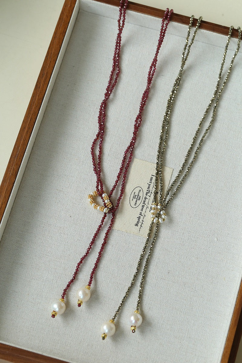 The Muse Collection: Faceted Gemstone & Pearl Lariat Necklace