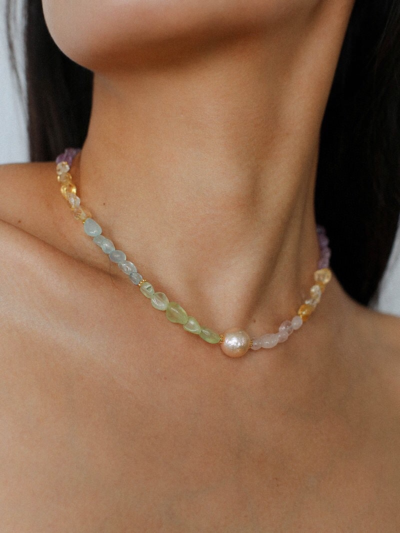 Mint Soda: Multi-Gemstone & Golden Baroque Pearl Necklace