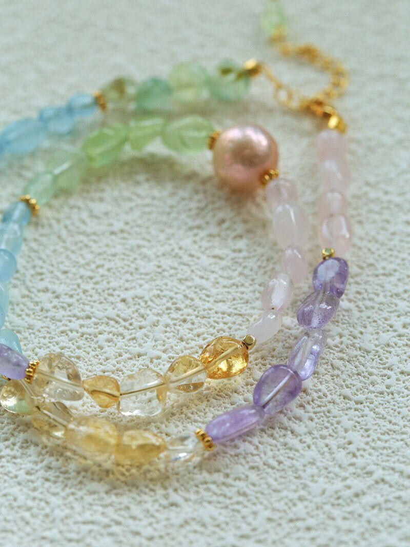 Mint Soda: Multi-Gemstone & Golden Baroque Pearl Necklace