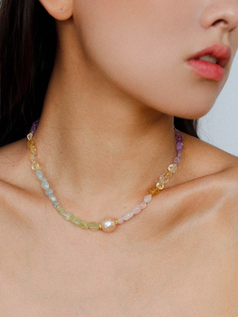 Mint Soda: Multi-Gemstone & Golden Baroque Pearl Necklace
