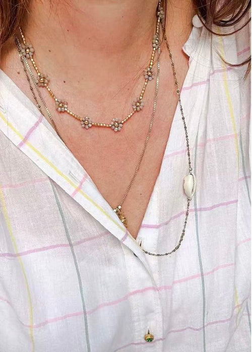 18K Sunstone Muse: Vintage Golden Square-Bead Floral Pearl Necklace