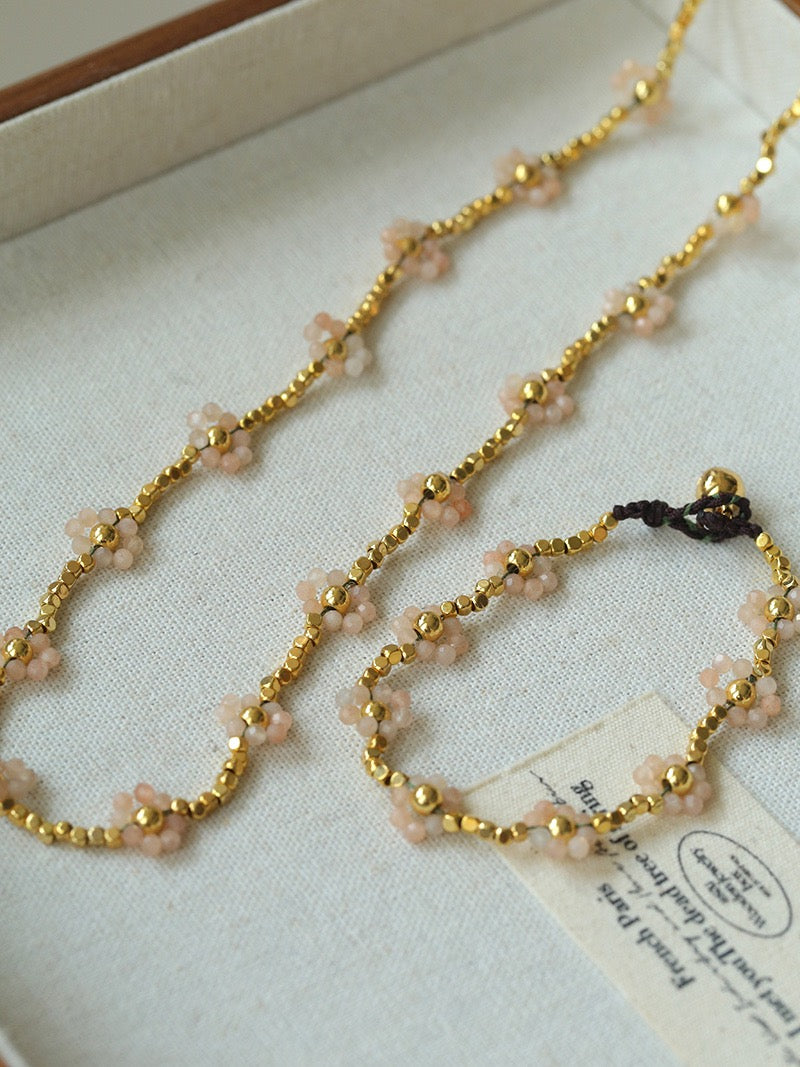Sunstone Muse: Golden Square-Bead Floral Bracelet