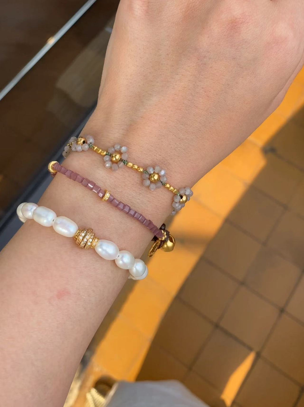 Sunstone Muse: Golden Square-Bead Floral Bracelet