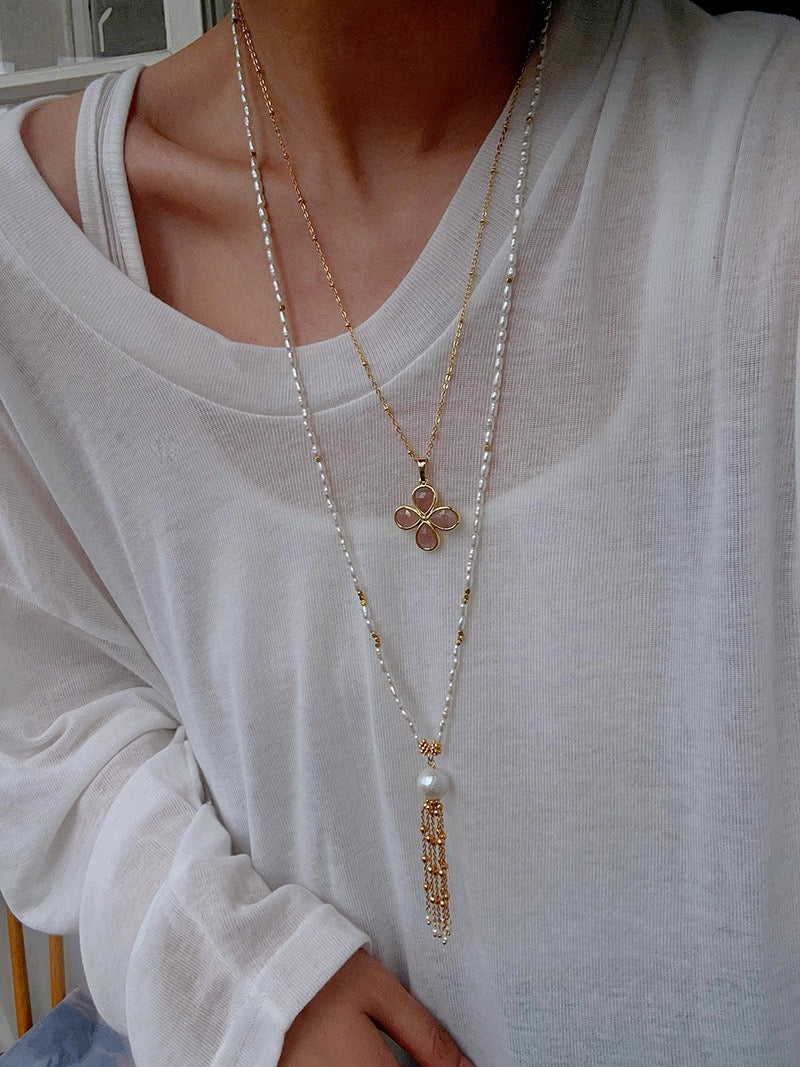 Fluid Gold: 18K Gold Plated Pearl & Tassel Long Necklace