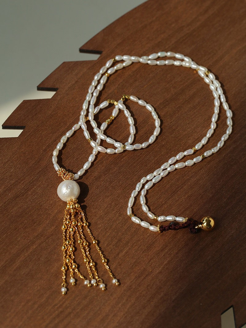 Fluid Gold: 18K Gold Plated Pearl & Tassel Long Necklace