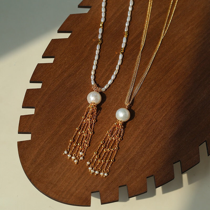 Fluid Gold: 18K Gold Plated Pearl & Tassel Long Necklace